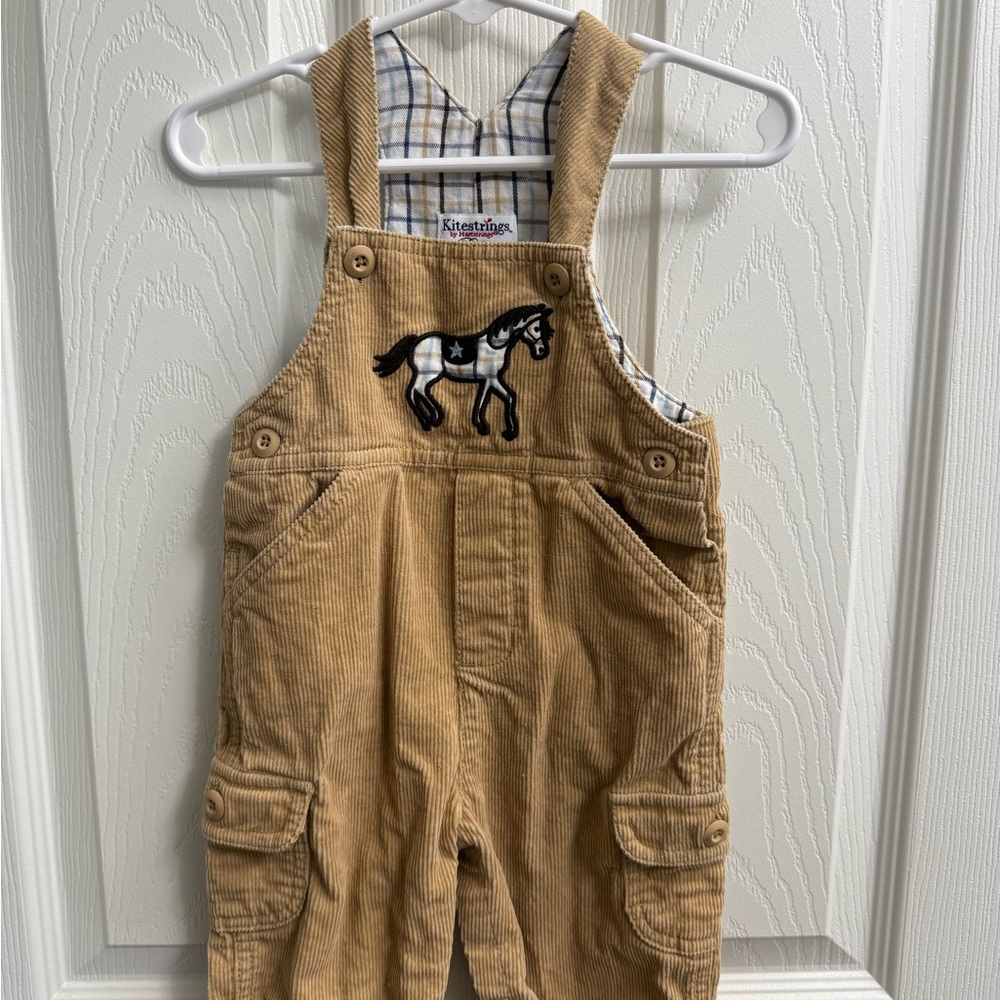 Hartstrings Tan Corduroy Kids Overalls with Horse Embroidery